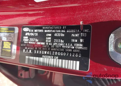 2016 Kia Optima Sx Turbo из США, поврежденный, VIN 5XXGW4L28GG071280